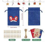 Helilyco 24-Pack Christmas Advent Calendar Bags Reusable Burlap Drawstring Bags with Clips and Rope for Holiday Countdown Blue Red Natural Burlap 14 x 10 cm