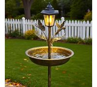 Helilyco Metal Solar Bird Feeder and Bath with Automatic LED Light, Decorative Garden Stake with Butterfly Design Backyard and Patio, Brown(Ancient)