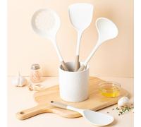 Helilyco Silicone Cooking Utensil Set with Spatula and Soup Spoon High Temp Non- Design Kitchen Use Cookware White Brown