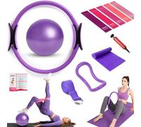HELISAN Pilates Ring Equipment Set, Home Pilates Kit for Women with 15’’ Magic Ring with Dual Padded Handles, 25cm Yoga Ball, 5 Resistance Bands & Complete Fitness Guide, Pilates Essential Kit -Purple