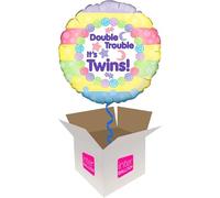 Helium Inflated Balloon in a Box - Double Trouble It's Twins on a Tasselled Weight with Confetti Sprinkles and Surprise Gift
