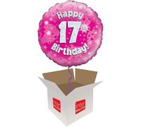 Helium Inflated Balloon in a Box - Happy 17th Birthday Pink on a Tasselled Weight with Confetti Sprinkles and Surprise Gift