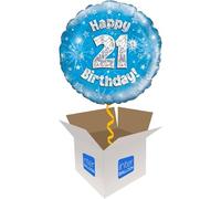 Helium Inflated Balloon in a Box - Happy 21st Birthday Blue Holographic on a Tasselled Weight with Confetti Sprinkles and Surprise Gift