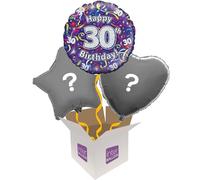 Helium Inflated Balloon in a Box - Happy 30th Birthday Purple Streamers in a 3 Balloon Bouquet on a Tasselled Weight with Confetti Sprinkles and Surprise Gift