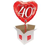 Helium Inflated Balloon in a Box - Happy 40th Red Heart on a Tasselled Weight with Confetti Sprinkles and Surprise Gift
