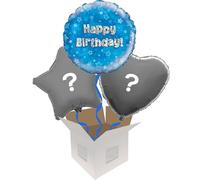 Helium Inflated Balloon in a Box - Happy Birthday Blue Holographic in a 3 Balloon Bouquet on a Tasselled Weight with Confetti Sprinkles and Surprise Gift