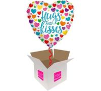 Helium Inflated Balloon in a Box - Hugs & Kisses Rainbow Hearts on a Tasselled Weight with Confetti Sprinkles and Surprise Gift