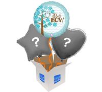 Helium Inflated Balloon in a Box - It's a Boy Baby Owl in a 3 Balloon Bouquet on a Tasselled Weight with Confetti Sprinkles and Surprise Gift