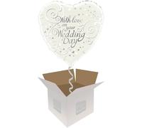 Helium Inflated Balloon in a Box - With Love on Your Wedding Day on a Tasselled Weight with Confetti Sprinkles and Surprise Gift
