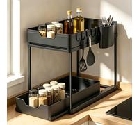 HeliWealth 2 Tier Pull Out Under Sink Storage Organiser, Slide Out Cabinet Shelf with Hooks & Cutlery Caddy, Heavy Duty PP Plastic Rack for Kitchen Bathroom Garage Laundry Office, 40x21x38cm, Black