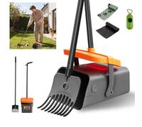 HeliWealth Adjustable Dog Poop Scooper Set - Long 116cm Detachable Handle, Swivel Bin & Rake, 35 Waste Bags - Easy to Assemble, Lightweight Tool for Yard, Grass