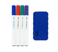 Helix Dual Ended Whiteboard Markers - Pack of 4 Whiteboard Pens with Quick Dry and Low Odour Inks in Blue, Red, Green, Purple and Black - Magnetic Board Eraser Included - School Supplies