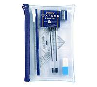 Helix Oxford Filled Exam Pencil Case Set - Clear Case with Black Ballpoint Pens, Pencil, Eraser, Sharpener & Combined Protractor/Set Square - Ideal for School & Exam Use