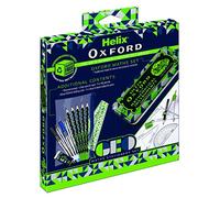 Helix Oxford Geo Complete Maths and Stationery Set - Oxford Maths Set, 30cm Folding Ruler, Ballpoint Pens, Eraser, Exam ready clear Pencil Case and Pencils - Green Geometric Design