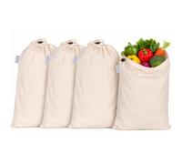 Hell Blues 4-Pack Organic Food Storage Bags with Drawstring ~ 33 x 38 cm | 100% Cotton Bread Bag ~ Reusable Muslin Potato Onion Storage Pouch