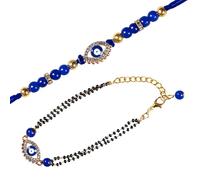 Hell Blues Set of 2 Rakhi For Brother and Bhabhi Lumba Rakhi | Traditional Designer Fancy Bracelet Kundan work | Mini Greeting card ~ Indian Festival Gift Rakhi Rakshabandhan, Universal, Zinc, no