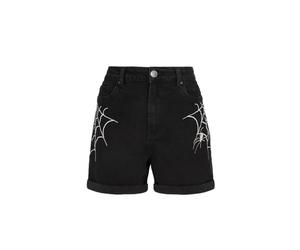 Hell Bunny Arania Denim Shorts Spider Web Contrast Embroidery Black Gothic, Black, L