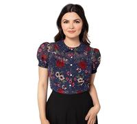 Hell Bunny Camellia Blouse 1950s Retro Top Vintage Style Floral Rockabilly Shirt, Navy Blue, M