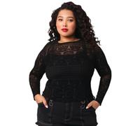 Hell Bunny MEA Culpa Top Black Gothic Flocked Mesh Long Sleeve Sheer Top, Black, M