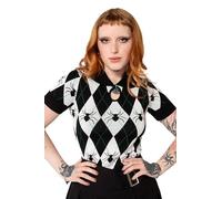 Hell Bunny Natasha Top Knitted Gothic Spider Argyle Print Jumper T-Shirt, Black & White, S