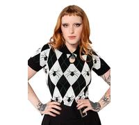 Hell Bunny Natasha Top Knitted Gothic Spider Argyle Print Jumper T-Shirt, Black & White, XL