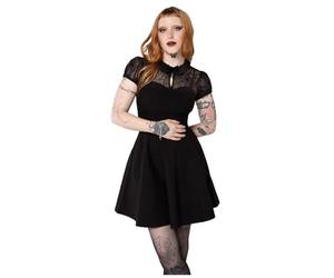 Hell Bunny Viola Dress - Gothic Black Skater Dress with Spider Web Lace Detail, Black, XS