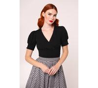 Hell Bunny Women's Aria Black Vintage Feel Jersey Wrap V Neck Puff Sleeve Top | Size: Large hell bunny Black L