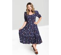 Hell Bunny Women's Asta Navy Floral Maxi Dress with 3/4 Sleeves Frill Hem Fit Flare Cut in Blue | Size: Medium hell bunny Blue M