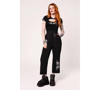 Hell Bunny Women's Auri Black Cropped Trousers with White Embroidery & Heart Charm | Size: XS hell bunny Black XS