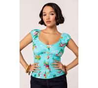 Hell Bunny Women's Ayanna Fitted Style Printed Floral Top in Aqua | Size: 2XL hell bunny Aqua 2XL