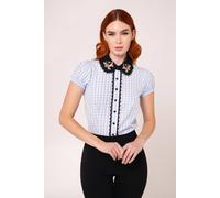 Hell Bunny Women's Beatrix Vintage Blue Gingham Bunny Embroidered Puff Sleeve Blouse | Size: Medium hell bunny Blue M