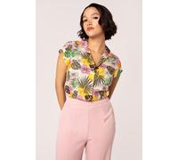 Hell Bunny Women's Benita 50's Style V Neck Floral Blouse in Beige | Size: XS hell bunny Beige XS