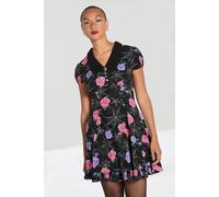 Hell Bunny Women's Black Fit Flare Mini Dress Rose Spider Web Print V Neck Puff Sleeves | Size: 3XL hell bunny Black 3XL