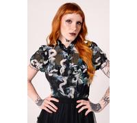 Hell Bunny Women's Black Serpent Print Chiffon Blouse with Puff Sleeves & Frill | Size: XL hell bunny Black XL