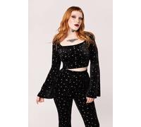 Hell Bunny Women's Black Velvet Star Print Long Sleeve Crop Top With Flared Cuffs | Size: XL hell bunny Black XL