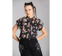 Hell Bunny Women's Black Viscose Shirt with Skull & Tropical Floral Print Short Sleeves | Size: 2XL hell bunny Multicolor 2XL