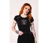 Hell Bunny Women's Clarimond Black Fitted Jersey Crop Top White Medieval Sword Embroidery | Size: 2XL hell bunny Black 2XL