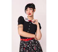 Hell Bunny Women's Cupid White Curved Collar Viscose Blouse with Cherub Embroidery & Bow in Black | Size: Medium hell bunny Black M