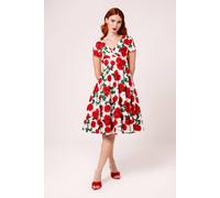 Hell Bunny Women's Dolce Vita Red Rose Print 50s Style V Neck Flared Dress in White | Size: 4XL hell bunny White 4XL