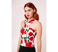 Hell Bunny Women's Dolce Vita Red Rose Print Sweetheart Neck Halter Fitted Top in White | Size: Medium hell bunny White M