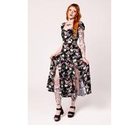 Hell Bunny Women's Dorian Rose Skull Print Long Viscose Dress with Splits in Black | Size: Medium hell bunny Black M