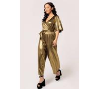 Hell Bunny Women's Elegant Gold Metallic Wrap Jumpsuit Tie Waist Wide Leg Jumpsuit | Size: XS hell bunny Gold XS