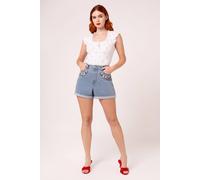 Hell Bunny Women's Francoise Blue Denim Strawberry & Daisy Embroidered Summer Shorts | Size: Medium hell bunny Blue M