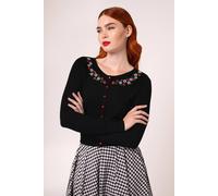 Hell Bunny Women's Francoise Blue Strawberry Daisy Embroidered Collar Button Cardigan in Black | Size: Small hell bunny Black S