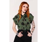 Hell Bunny Women's Georgia Dragon Print Loose-Fit Shirt with Short Rolled Sleeves in Green | Size: Small hell bunny Green S