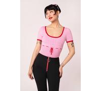 Hell Bunny Women's Hannah Pink Heart Pattern Knitted Top with Puff Sleeves & Bow | Size: 3XL hell bunny Pink 3XL