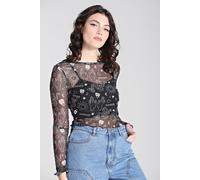 Hell Bunny Women's Hello Goodbye Printed Mesh Top in Black | Size: XS hell bunny Black XS