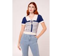 Hell Bunny Women's Jennie Knit Top with Ivory Stripes, Bows & Scalloped Collar in Navy | Size: Large hell bunny Navy L