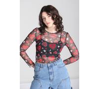 Hell Bunny Women's Kate Heart & Star Print Mesh Top with Lettuce Hem & Cuff Detail in Black | Size: XL hell bunny Black XL