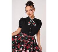 Hell Bunny Women's Kayla Black Rose Embroidered Tie Neck Puff Sleeve Blouse | Size: Medium hell bunny Black M